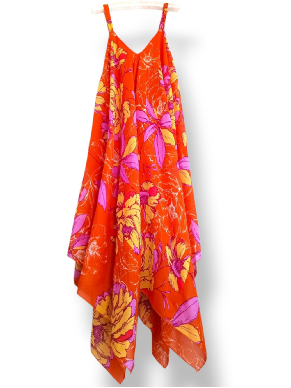 Mlle Gabrielle Orange Floral Handkerchief Hem Sheer Dress midi flowy colorful 2x